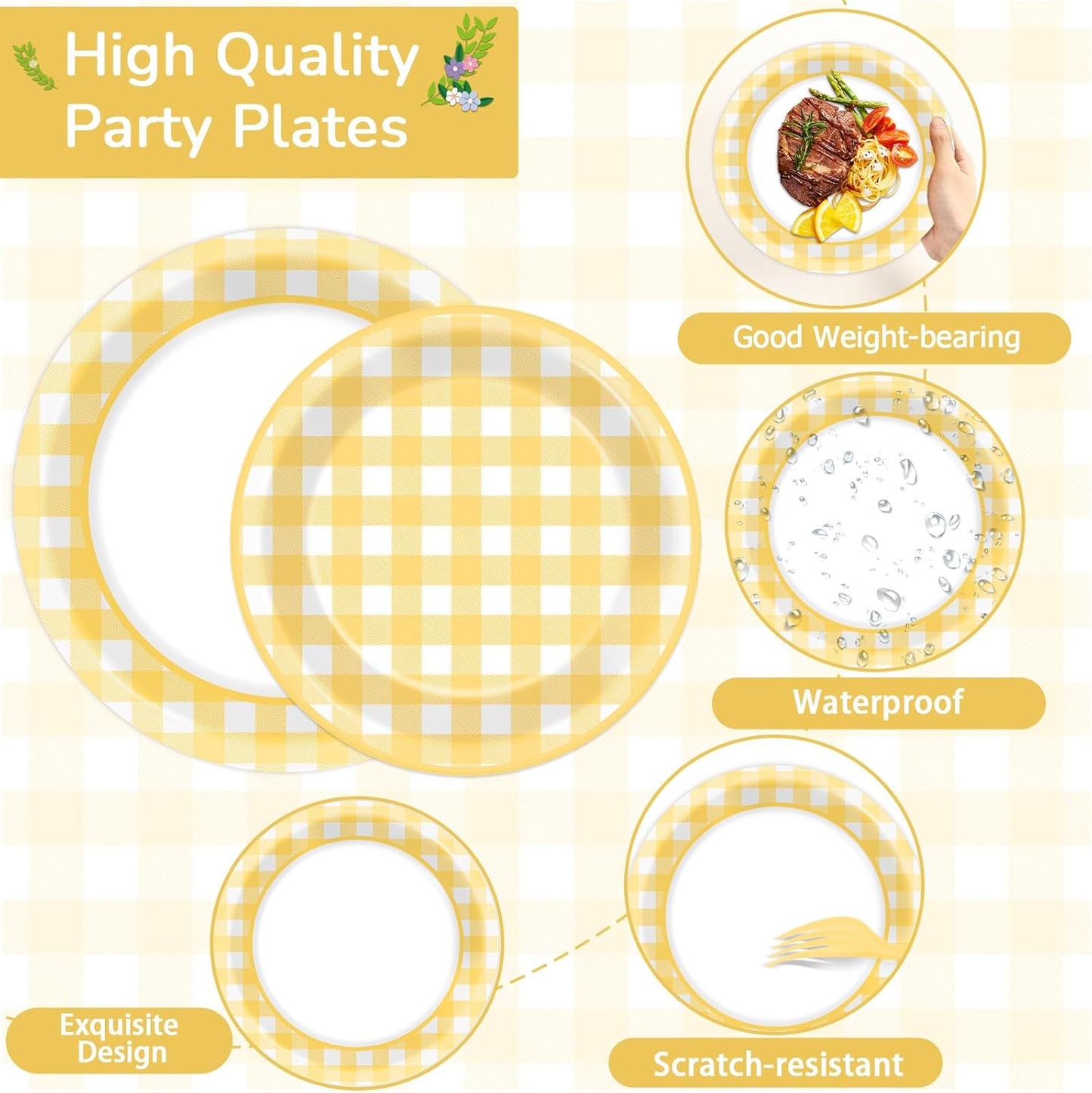 96Pcs Yellow Checkered Party Supplies Plaid Bachelorette Paper Plates and Napkins Yellow and White Checked Plates Birthday Party Decoration Tableware Set Plaid Parties Baby Shower Favors for 24 Guests