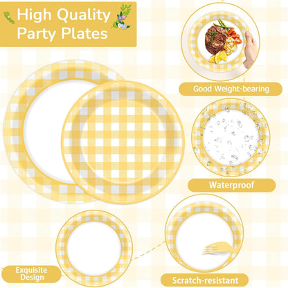96Pcs Yellow Checkered Party Supplies Plaid Bachelorette Paper Plates and Napkins Yellow and White Checked Plates Birthday Party Decoration Tableware Set Plaid Parties Baby Shower Favors for 24 Guests