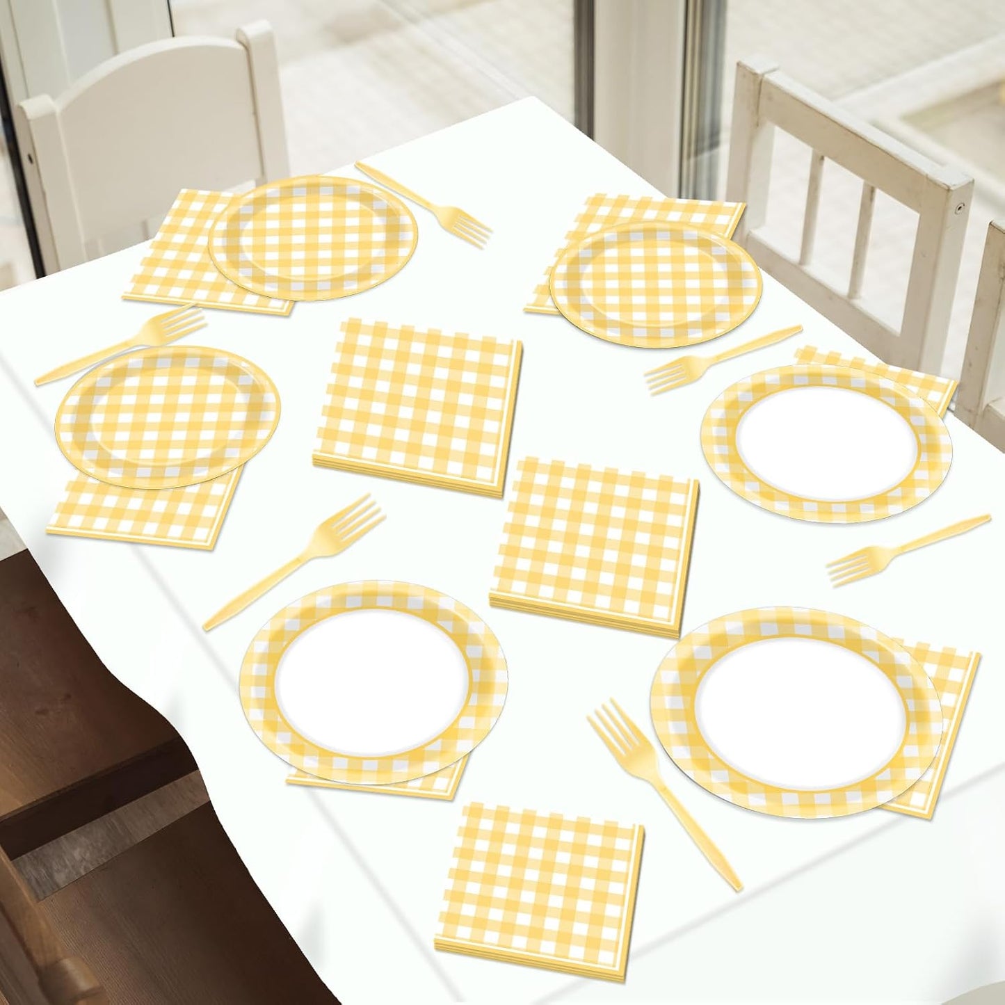 96Pcs Yellow Checkered Party Supplies Plaid Bachelorette Paper Plates and Napkins Yellow and White Checked Plates Birthday Party Decoration Tableware Set Plaid Parties Baby Shower Favors for 24 Guests