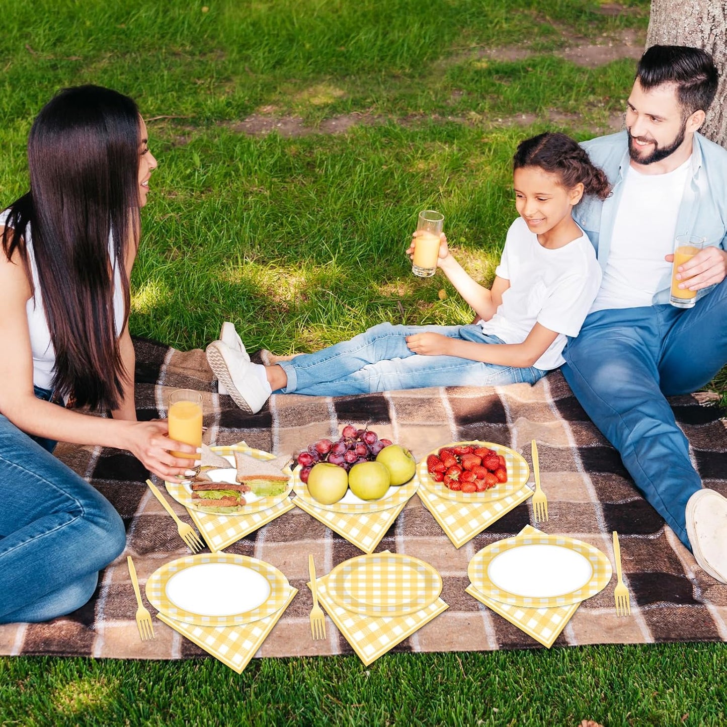 96Pcs Yellow Checkered Party Supplies Plaid Bachelorette Paper Plates and Napkins Yellow and White Checked Plates Birthday Party Decoration Tableware Set Plaid Parties Baby Shower Favors for 24 Guests