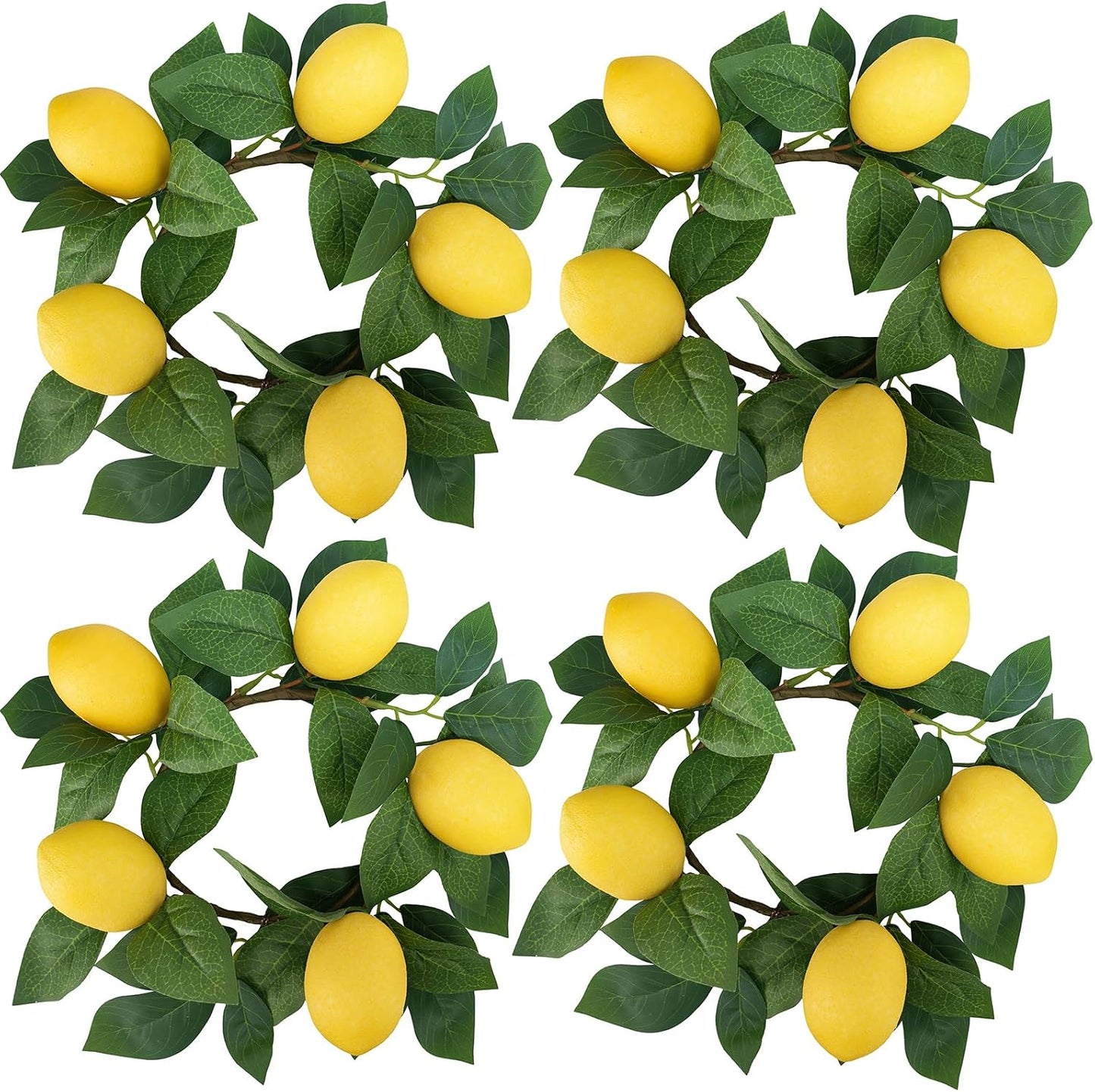 4 Pcs Artificial Lemon Candle Rings Greenery Wreath with Yellow Lemons 11 Inch Mini Faux Lemon Fruit Wreaths for Farmhouse Summer Home Wedding Holiday Party Kitchen Window Table Centerpiece