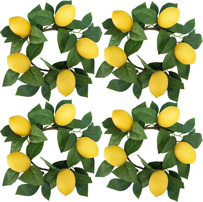 4 Pcs Artificial Lemon Candle Rings Greenery Wreath with Yellow Lemons 11 Inch Mini Faux Lemon Fruit Wreaths for Farmhouse Summer Home Wedding Holiday Party Kitchen Window Table Centerpiece