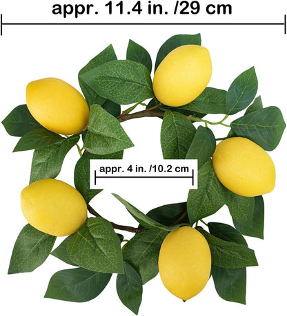 4 Pcs Artificial Lemon Candle Rings Greenery Wreath with Yellow Lemons 11 Inch Mini Faux Lemon Fruit Wreaths for Farmhouse Summer Home Wedding Holiday Party Kitchen Window Table Centerpiece