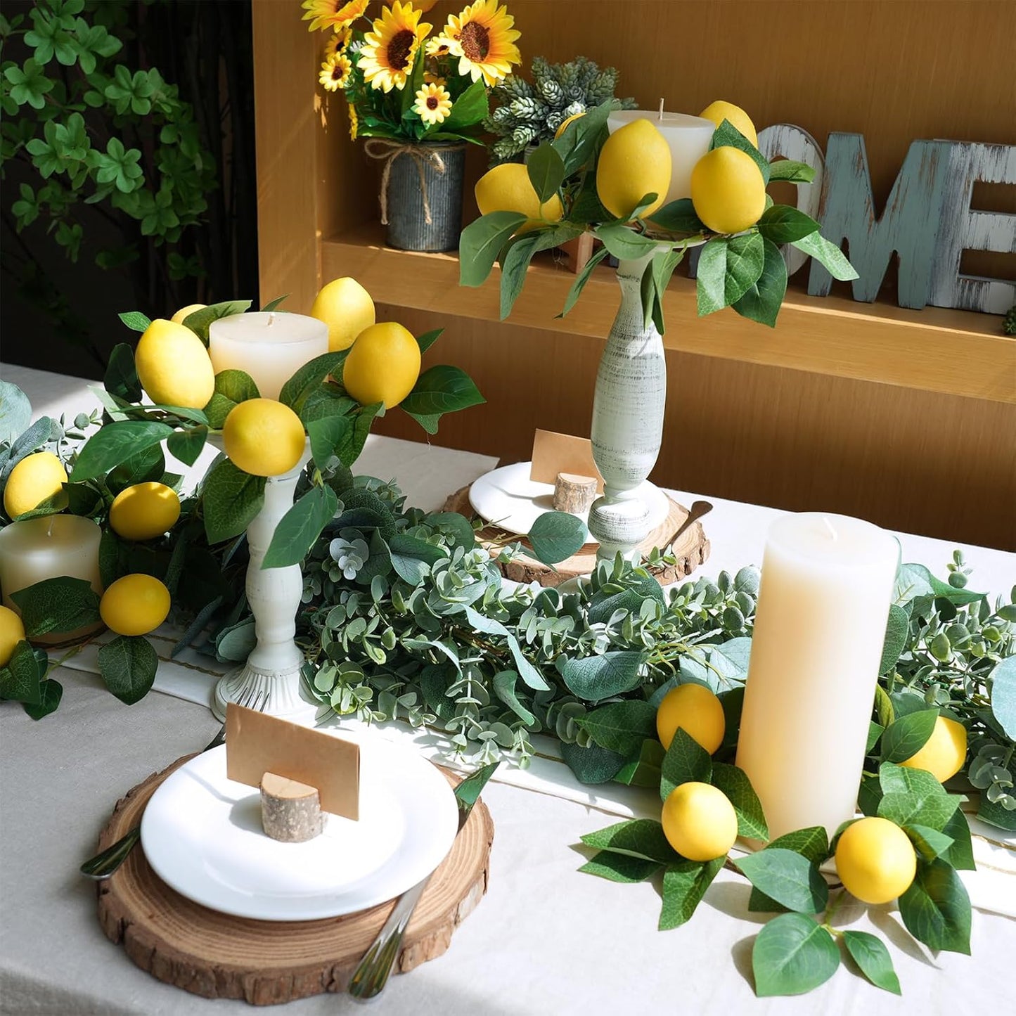 4 Pcs Artificial Lemon Candle Rings Greenery Wreath with Yellow Lemons 11 Inch Mini Faux Lemon Fruit Wreaths for Farmhouse Summer Home Wedding Holiday Party Kitchen Window Table Centerpiece