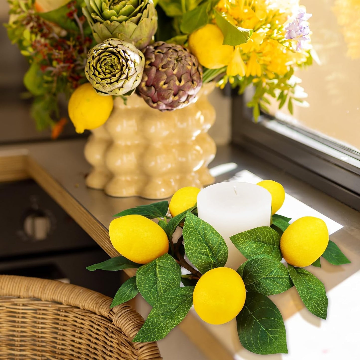 4 Pcs Artificial Lemon Candle Rings Greenery Wreath with Yellow Lemons 11 Inch Mini Faux Lemon Fruit Wreaths for Farmhouse Summer Home Wedding Holiday Party Kitchen Window Table Centerpiece