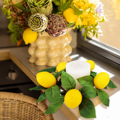 4 Pcs Artificial Lemon Candle Rings Greenery Wreath with Yellow Lemons 11 Inch Mini Faux Lemon Fruit Wreaths for Farmhouse Summer Home Wedding Holiday Party Kitchen Window Table Centerpiece