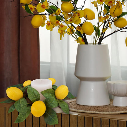 4 Pcs Artificial Lemon Candle Rings Greenery Wreath with Yellow Lemons 11 Inch Mini Faux Lemon Fruit Wreaths for Farmhouse Summer Home Wedding Holiday Party Kitchen Window Table Centerpiece