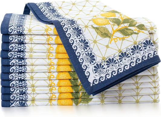 Cloth Napkins Set of 12 Cotton Linen, 20x20 Inch, Lemon Leaf | Mitered corner, washable, soft, absorbent, floral print suits weddings, restaurants, farmhouse and everyday dining tables