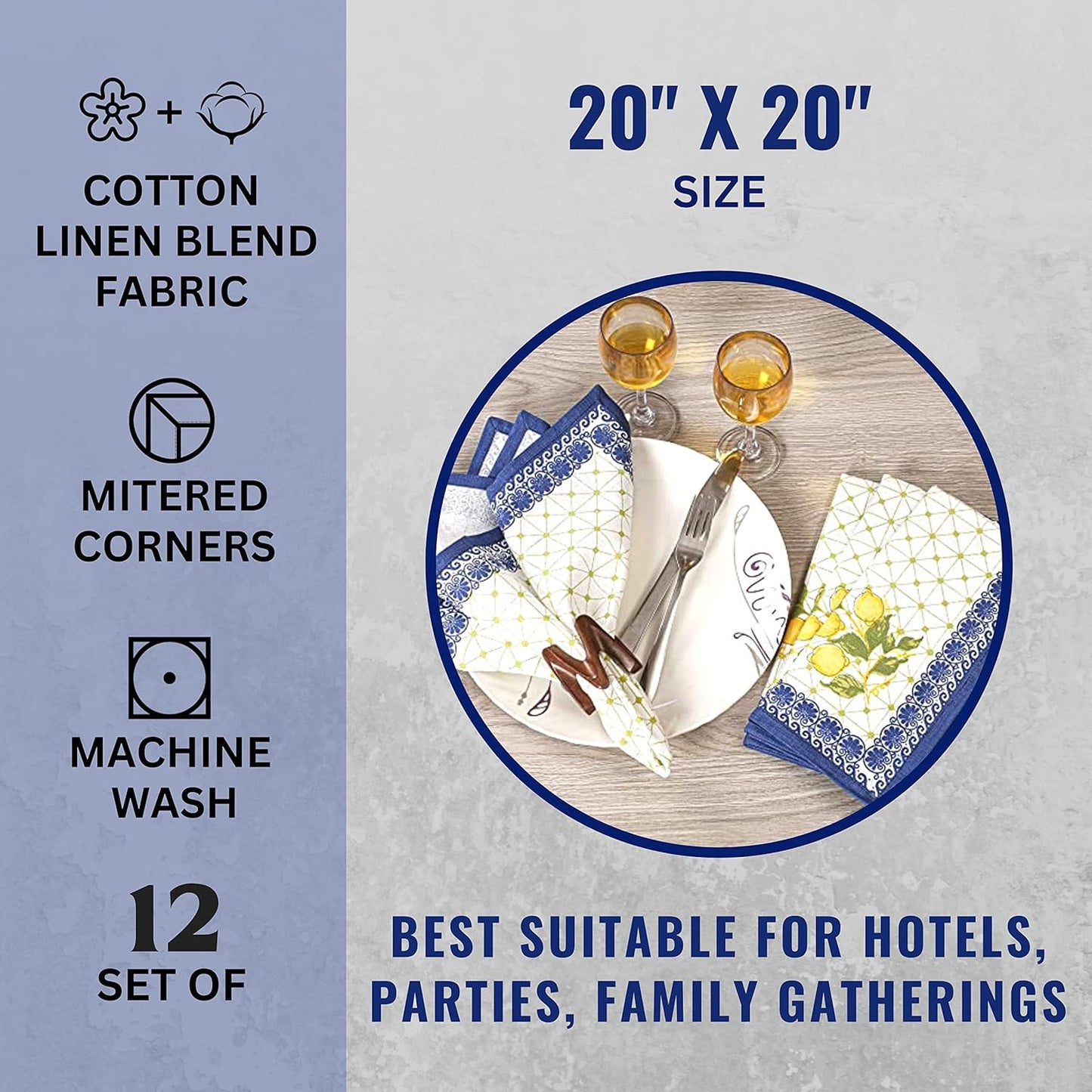 Cloth Napkins Set of 12 Cotton Linen, 20x20 Inch, Lemon Leaf | Mitered corner, washable, soft, absorbent, floral print suits weddings, restaurants, farmhouse and everyday dining tables