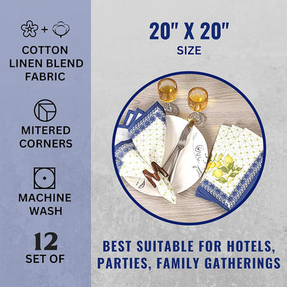 Cloth Napkins Set of 12 Cotton Linen, 20x20 Inch, Lemon Leaf | Mitered corner, washable, soft, absorbent, floral print suits weddings, restaurants, farmhouse and everyday dining tables