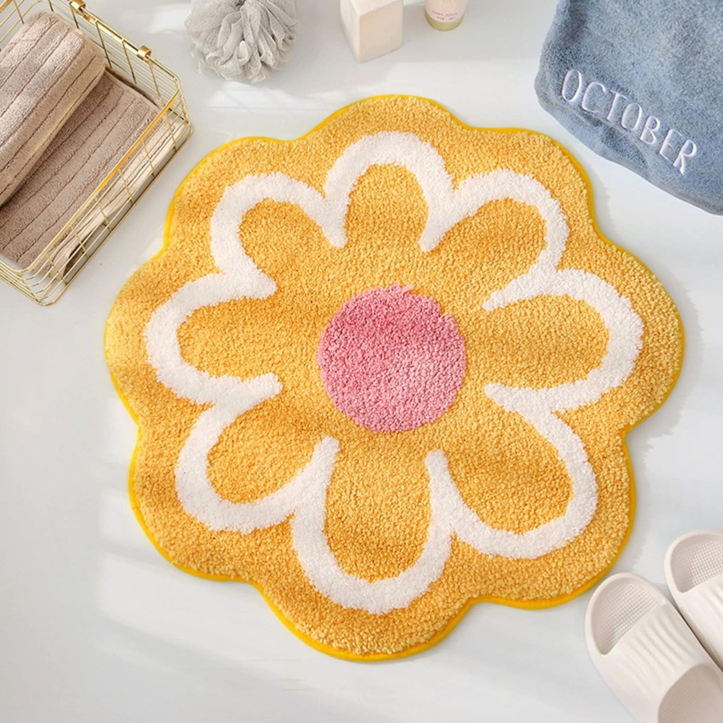 Cute Bath Mat, Soft Superfine Fiber Flower Floor Mat Bathroom, Non Slip Water Absorbent Rug Bath Mat Door Mats Rugs for Entrance Bedroom Kitchen Bathroom Toilet Floors 25.6 x 25.6 Inch (Yellow)