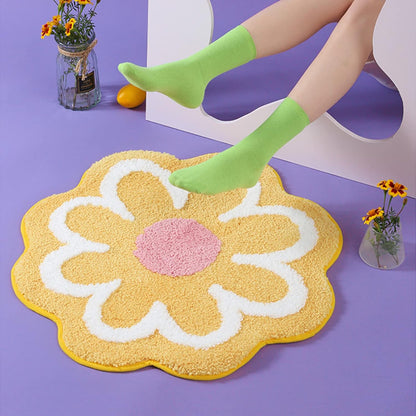 Cute Bath Mat, Soft Superfine Fiber Flower Floor Mat Bathroom, Non Slip Water Absorbent Rug Bath Mat Door Mats Rugs for Entrance Bedroom Kitchen Bathroom Toilet Floors 25.6 x 25.6 Inch (Yellow)