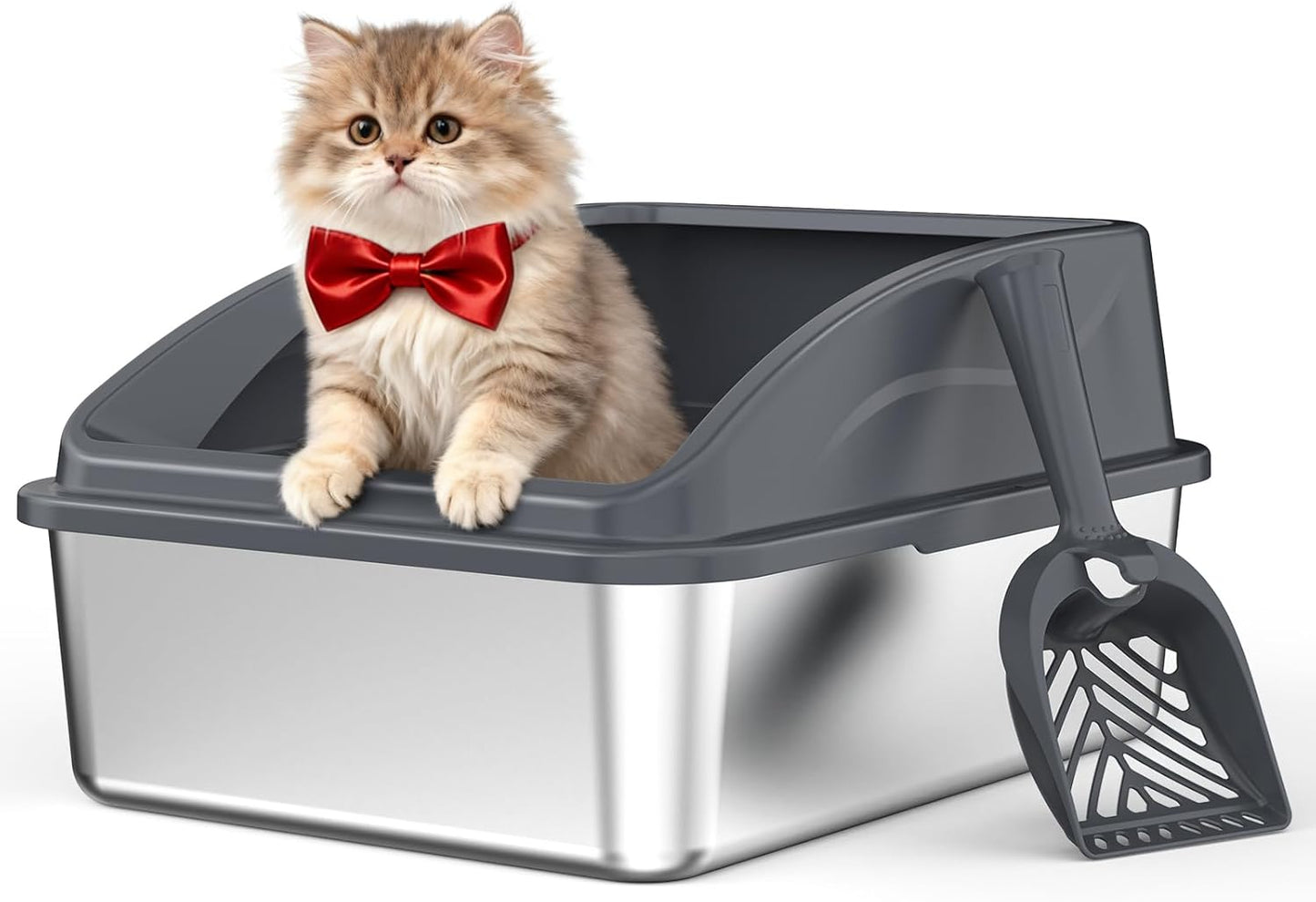Stainless Steel Litter Box | Metal Kitty Litter Box with Lid High Sided for Small Cats or Injured Cats, Bunny Litter Boxes, Low Entry, Odor-Free, Non-Stick,Includes Scoop