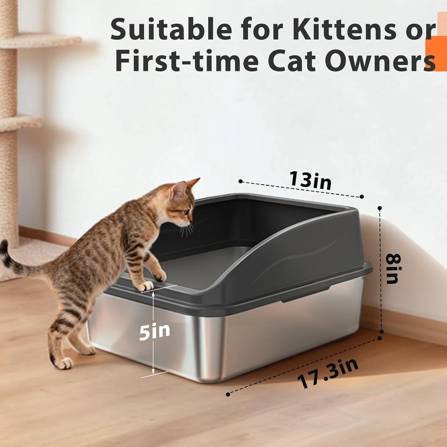 Stainless Steel Litter Box | Metal Kitty Litter Box with Lid High Sided for Small Cats or Injured Cats, Bunny Litter Boxes, Low Entry, Odor-Free, Non-Stick,Includes Scoop