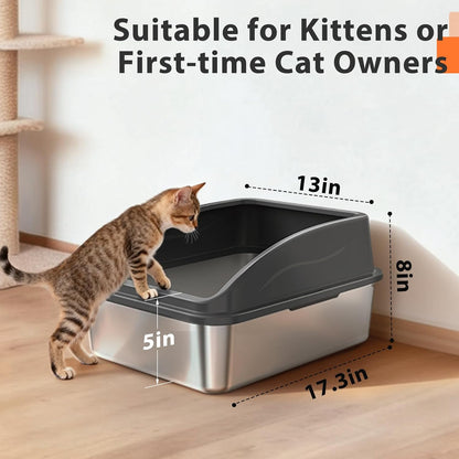Stainless Steel Litter Box | Metal Kitty Litter Box with Lid High Sided for Small Cats or Injured Cats, Bunny Litter Boxes, Low Entry, Odor-Free, Non-Stick,Includes Scoop