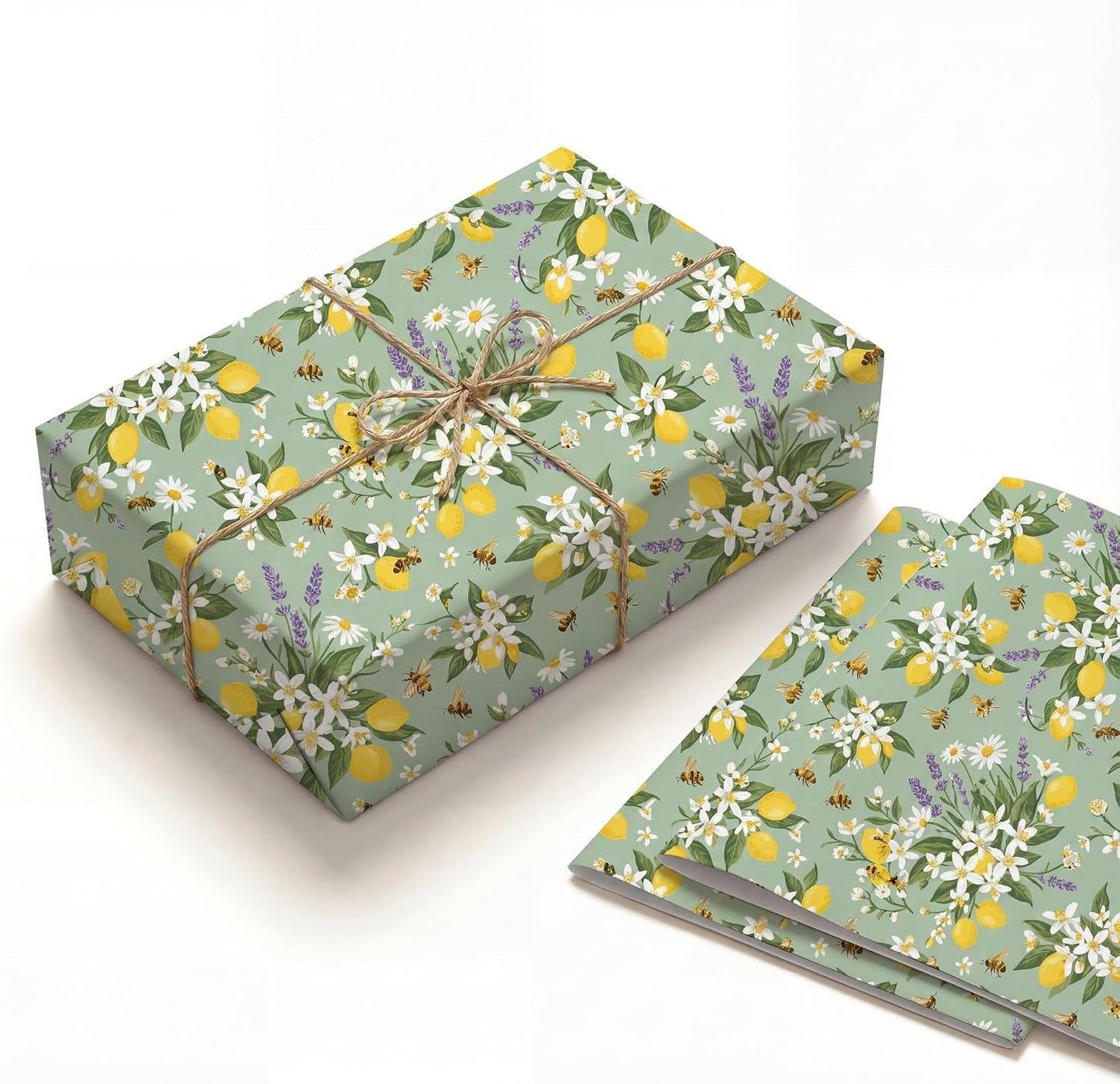 Bee Wrapping Paper, Lemon Floral Gift Wrap, 2 Sheets, 120 GSM Kraft | Aesthetic Floral Gift Wrap, Sage Green Lemon Design, for Summer and Bridal Shower Gifts