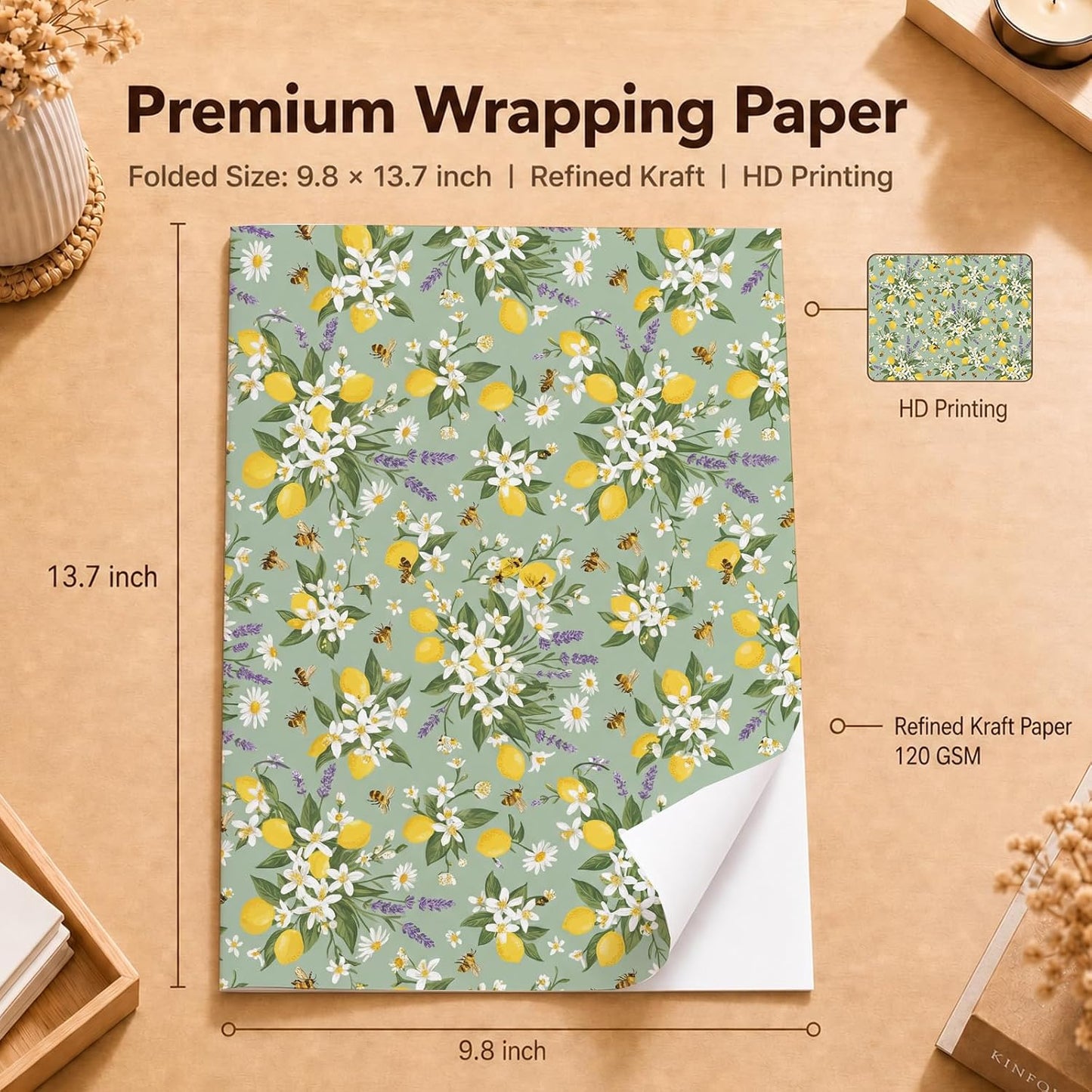 Bee Wrapping Paper, Lemon Floral Gift Wrap, 2 Sheets, 120 GSM Kraft | Aesthetic Floral Gift Wrap, Sage Green Lemon Design, for Summer and Bridal Shower Gifts