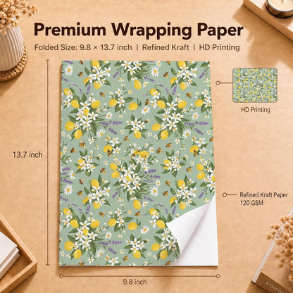 Bee Wrapping Paper, Lemon Floral Gift Wrap, 2 Sheets, 120 GSM Kraft | Aesthetic Floral Gift Wrap, Sage Green Lemon Design, for Summer and Bridal Shower Gifts