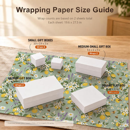 Bee Wrapping Paper, Lemon Floral Gift Wrap, 2 Sheets, 120 GSM Kraft | Aesthetic Floral Gift Wrap, Sage Green Lemon Design, for Summer and Bridal Shower Gifts