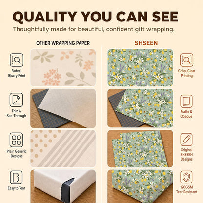 Bee Wrapping Paper, Lemon Floral Gift Wrap, 2 Sheets, 120 GSM Kraft | Aesthetic Floral Gift Wrap, Sage Green Lemon Design, for Summer and Bridal Shower Gifts