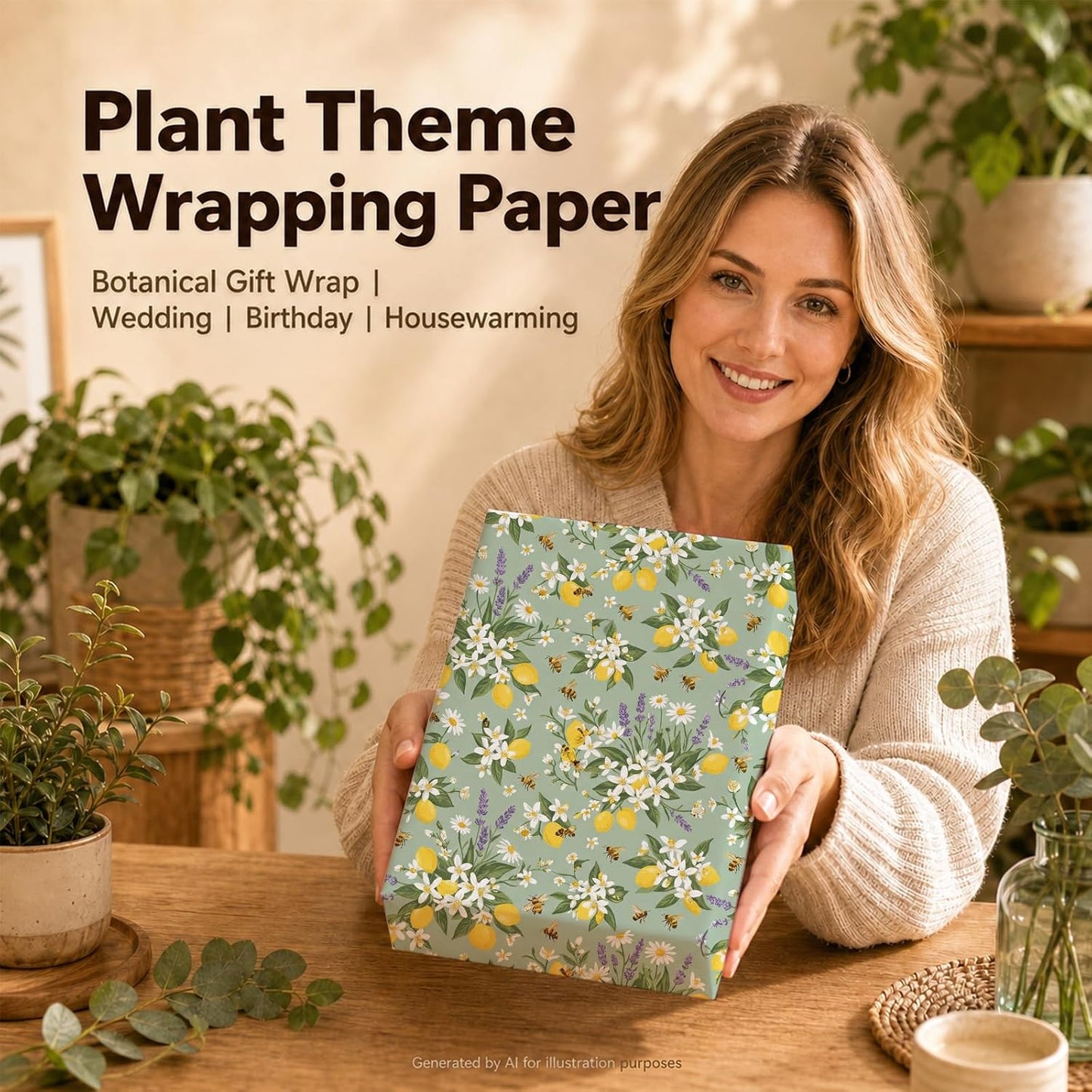 Bee Wrapping Paper, Lemon Floral Gift Wrap, 2 Sheets, 120 GSM Kraft | Aesthetic Floral Gift Wrap, Sage Green Lemon Design, for Summer and Bridal Shower Gifts