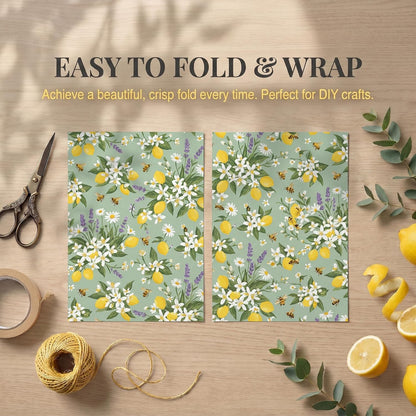 Bee Wrapping Paper, Lemon Floral Gift Wrap, 2 Sheets, 120 GSM Kraft | Aesthetic Floral Gift Wrap, Sage Green Lemon Design, for Summer and Bridal Shower Gifts
