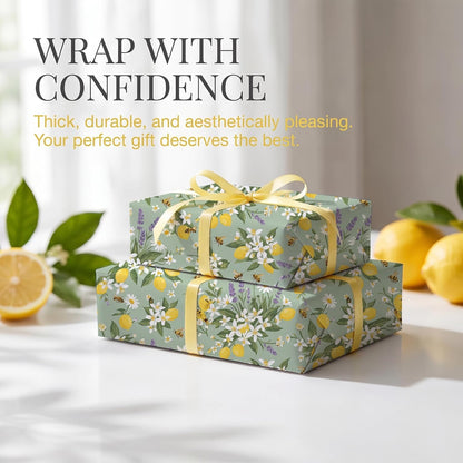 Bee Wrapping Paper, Lemon Floral Gift Wrap, 2 Sheets, 120 GSM Kraft | Aesthetic Floral Gift Wrap, Sage Green Lemon Design, for Summer and Bridal Shower Gifts