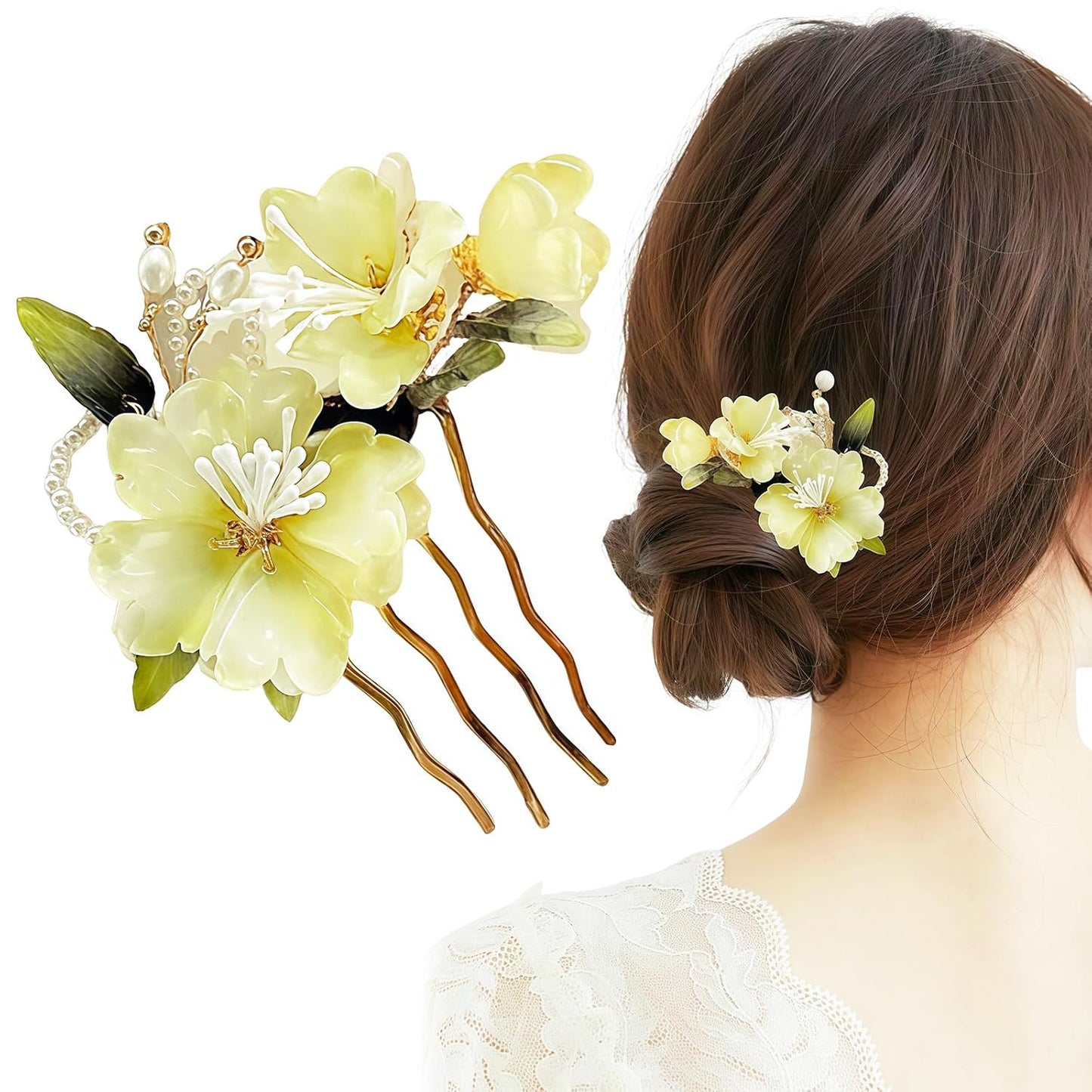 Handmade Floral Hair Pins, Yellow Jade Flower with Pearl Accents, Traditional Chinese Wedding Hair Accessories