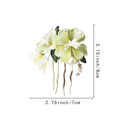 Handmade Floral Hair Pins, Yellow Jade Flower with Pearl Accents, Traditional Chinese Wedding Hair Accessories