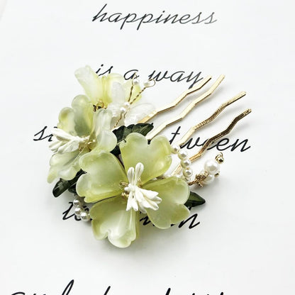 Handmade Floral Hair Pins, Yellow Jade Flower with Pearl Accents, Traditional Chinese Wedding Hair Accessories