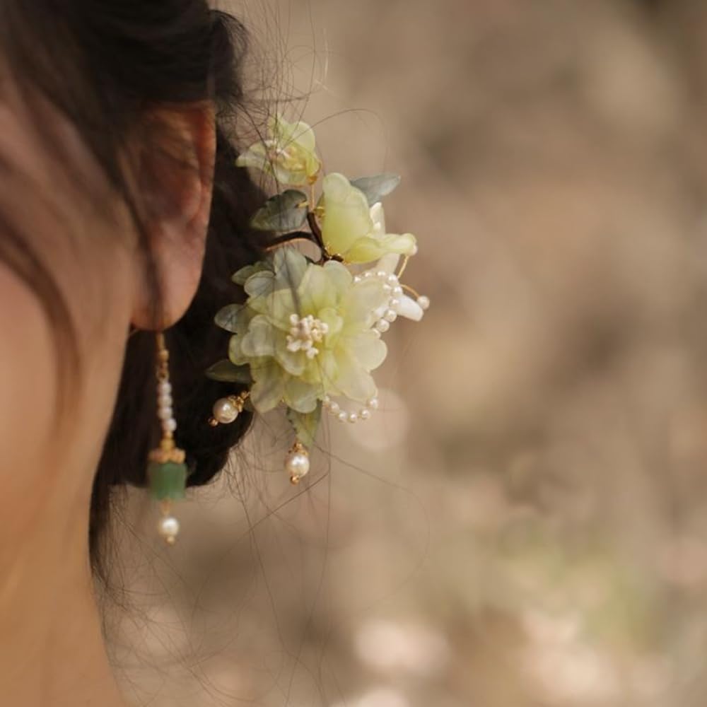 Handmade Floral Hair Pins, Yellow Jade Flower with Pearl Accents, Traditional Chinese Wedding Hair Accessories