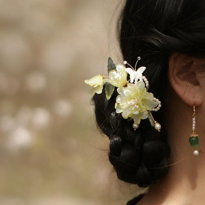 Handmade Floral Hair Pins, Yellow Jade Flower with Pearl Accents, Traditional Chinese Wedding Hair Accessories