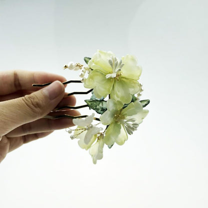 Handmade Floral Hair Pins, Yellow Jade Flower with Pearl Accents, Traditional Chinese Wedding Hair Accessories