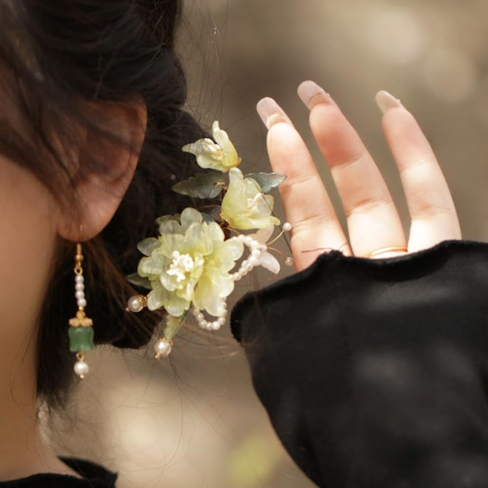 Handmade Floral Hair Pins, Yellow Jade Flower with Pearl Accents, Traditional Chinese Wedding Hair Accessories