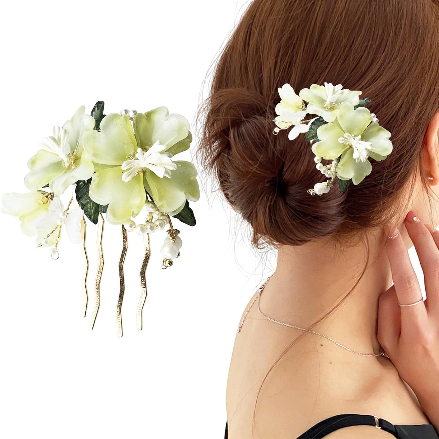 Handmade Floral Hair Pins, Yellow Jade Flower with Pearl Accents, Traditional Chinese Wedding Hair Accessories