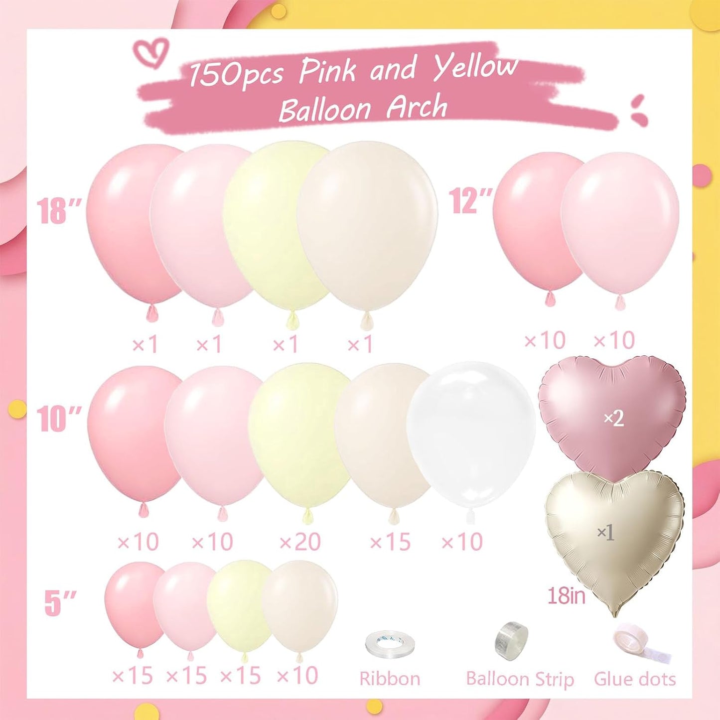 Pink and Yellow Balloon Arch Kit,150Pcs Pastel Pink Light Pink Yellow Sand White Balloons for Baby Shower Bridal Shower Wedding Bee Bear Themed Birthday Party Decorations