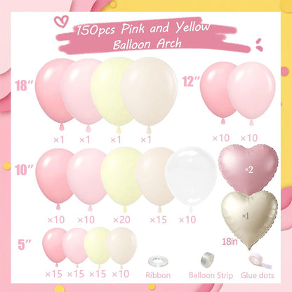 Pink and Yellow Balloon Arch Kit,150Pcs Pastel Pink Light Pink Yellow Sand White Balloons for Baby Shower Bridal Shower Wedding Bee Bear Themed Birthday Party Decorations