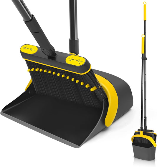 Broom and Dust Pan, 54.3 inches Long Handle Swivel Brush, Upright Foldable Dustpan with Comb Teeth for Home Kitchen Lobby Indoor Floor Cleaning (Black & Yellow)