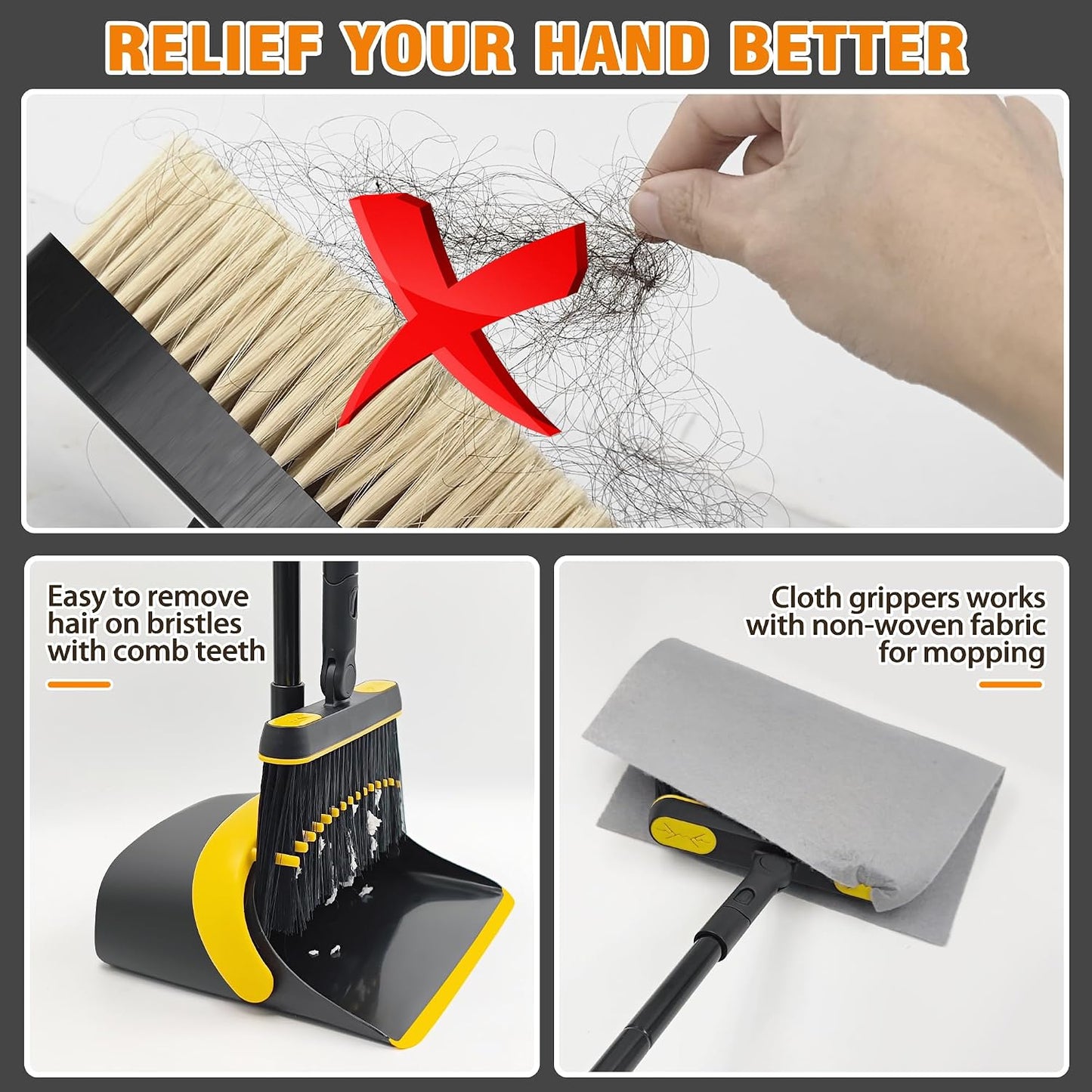 Broom and Dust Pan, 54.3 inches Long Handle Swivel Brush, Upright Foldable Dustpan with Comb Teeth for Home Kitchen Lobby Indoor Floor Cleaning (Black & Yellow)