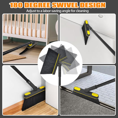 Broom and Dust Pan, 54.3 inches Long Handle Swivel Brush, Upright Foldable Dustpan with Comb Teeth for Home Kitchen Lobby Indoor Floor Cleaning (Black & Yellow)
