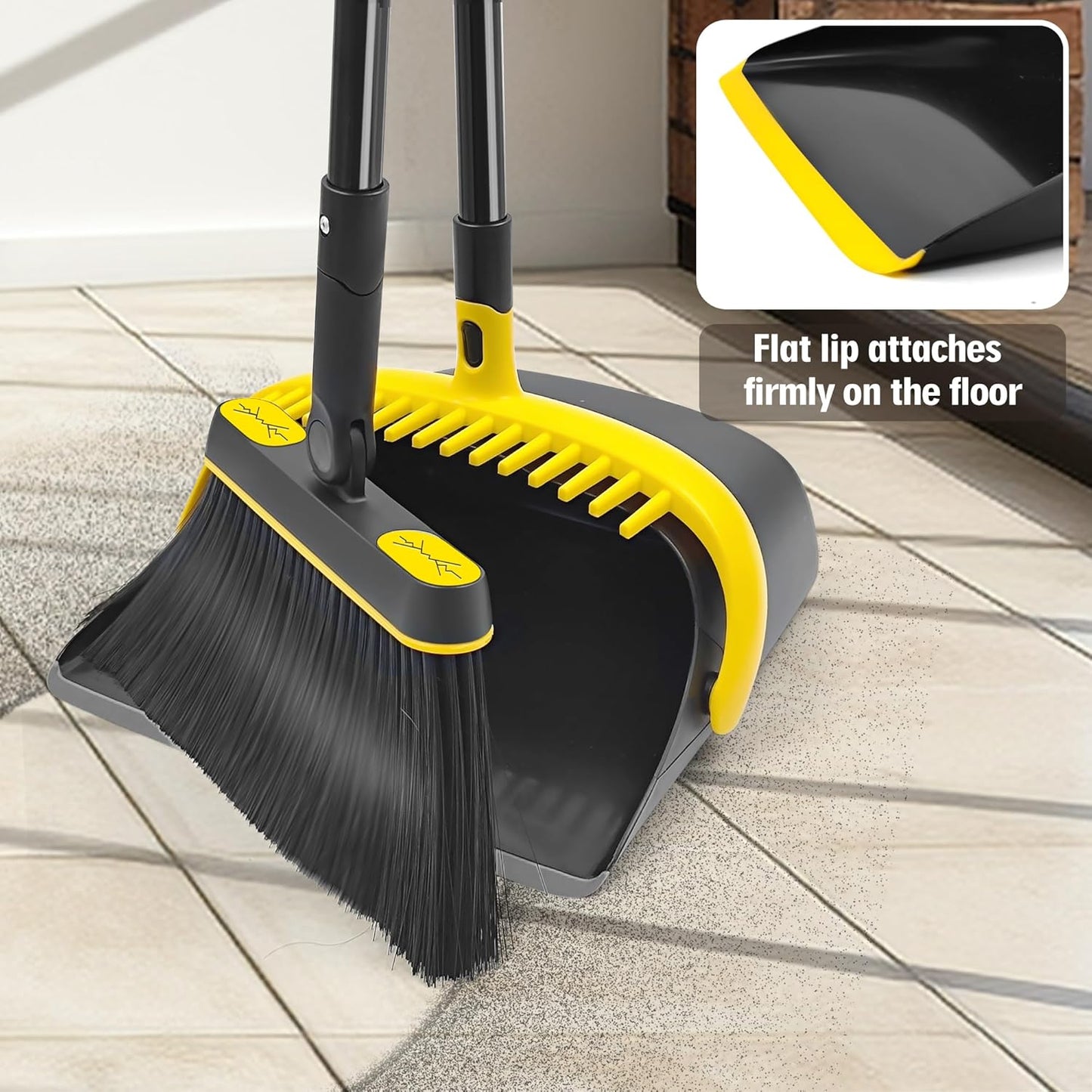 Broom and Dust Pan, 54.3 inches Long Handle Swivel Brush, Upright Foldable Dustpan with Comb Teeth for Home Kitchen Lobby Indoor Floor Cleaning (Black & Yellow)