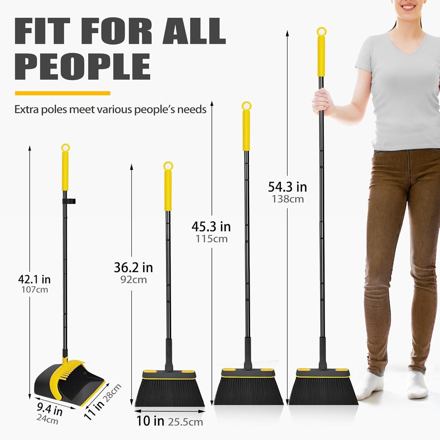 Broom and Dust Pan, 54.3 inches Long Handle Swivel Brush, Upright Foldable Dustpan with Comb Teeth for Home Kitchen Lobby Indoor Floor Cleaning (Black & Yellow)