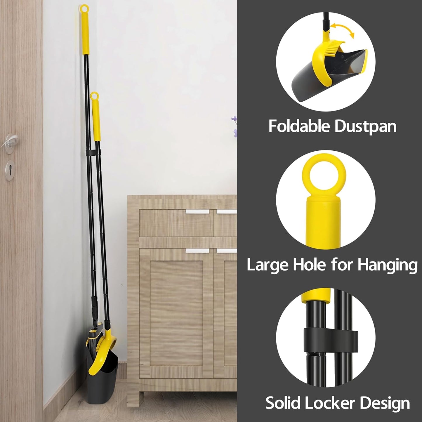 Broom and Dust Pan, 54.3 inches Long Handle Swivel Brush, Upright Foldable Dustpan with Comb Teeth for Home Kitchen Lobby Indoor Floor Cleaning (Black & Yellow)