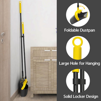 Broom and Dust Pan, 54.3 inches Long Handle Swivel Brush, Upright Foldable Dustpan with Comb Teeth for Home Kitchen Lobby Indoor Floor Cleaning (Black & Yellow)