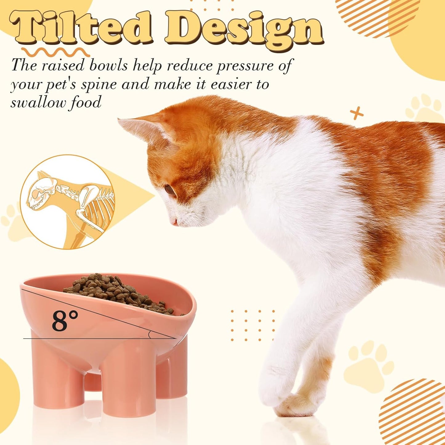 8 Pcs Raised Cat Food Bowls Elevated Cat Bowls Anti Spill Tilted Friendly Anti Vomit Tilted Raised Pet Set Dish for Indoor Pet Food Water (Pink, Yellow, Blue, Green)