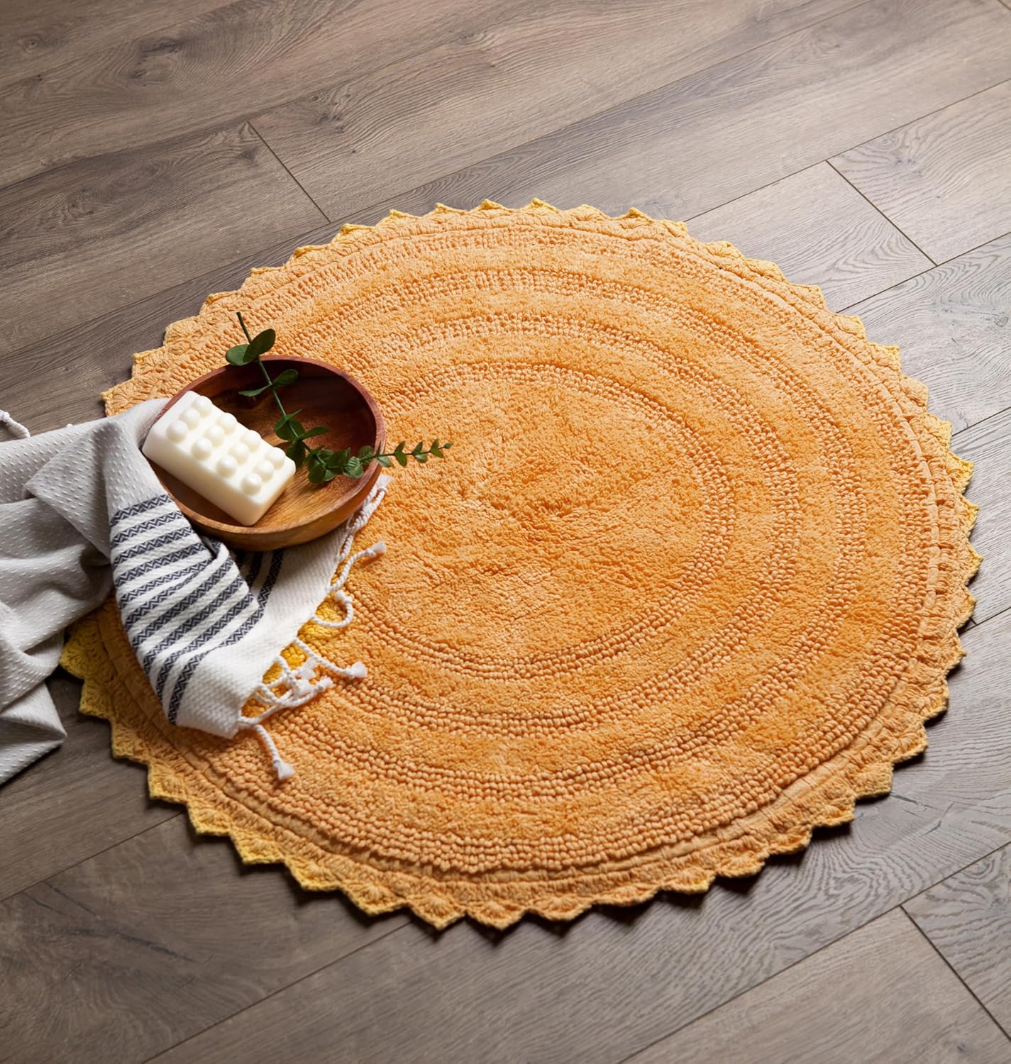 Crochet Collection Reversible Bath Mat, Round, 27.5" Diameter, Yellow