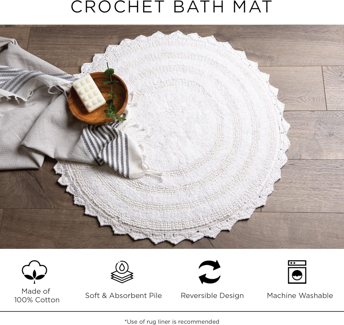Crochet Collection Reversible Bath Mat, Round, 27.5" Diameter, Yellow