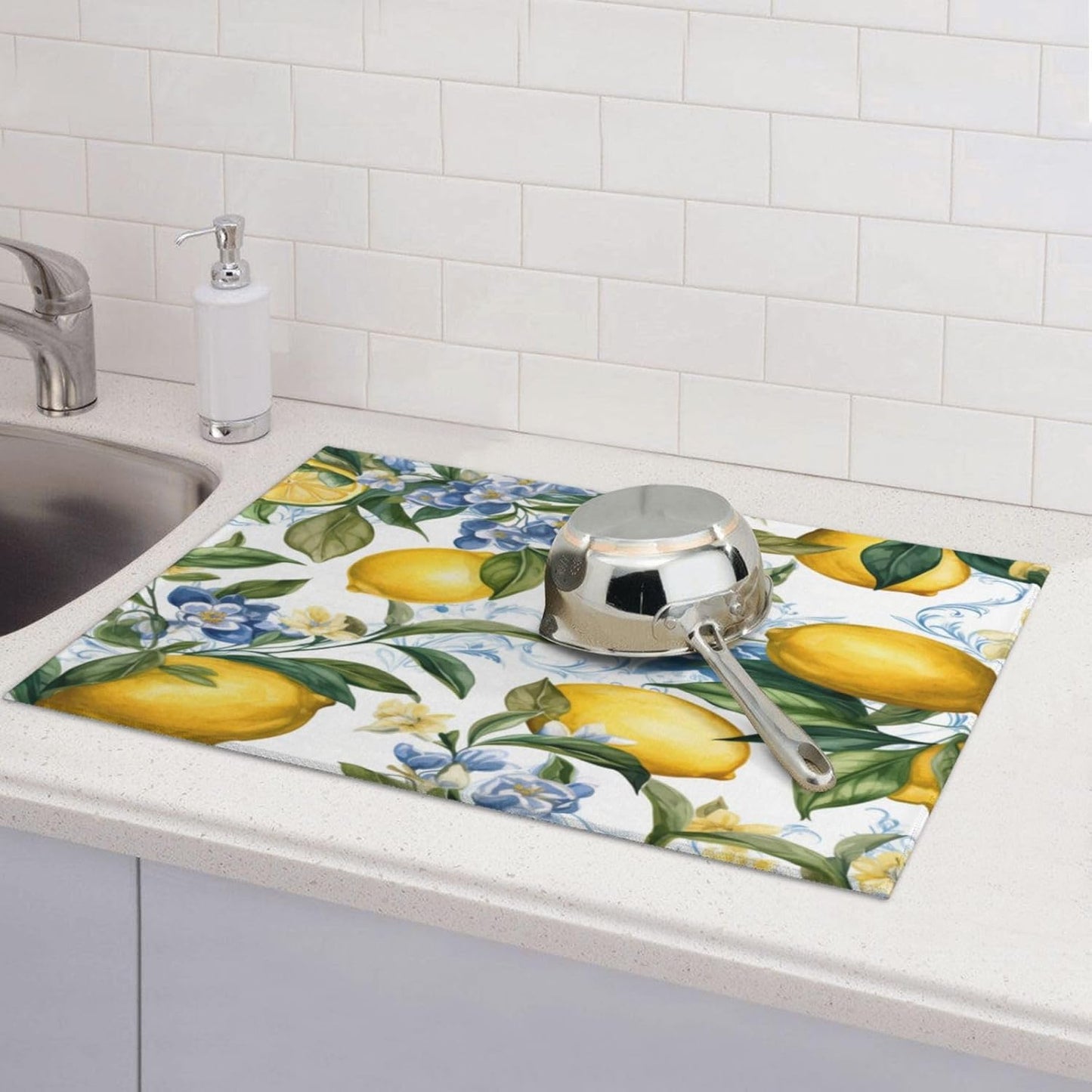 Lemon Dish Drying Mat for Kitchen Counter Protector and Decoration Super Absorbent Double Sided Microfiber Coffee Bar Mat Dish Drainer Mat Fast Dry Pad Reusable Extra Large 18"x24" inches