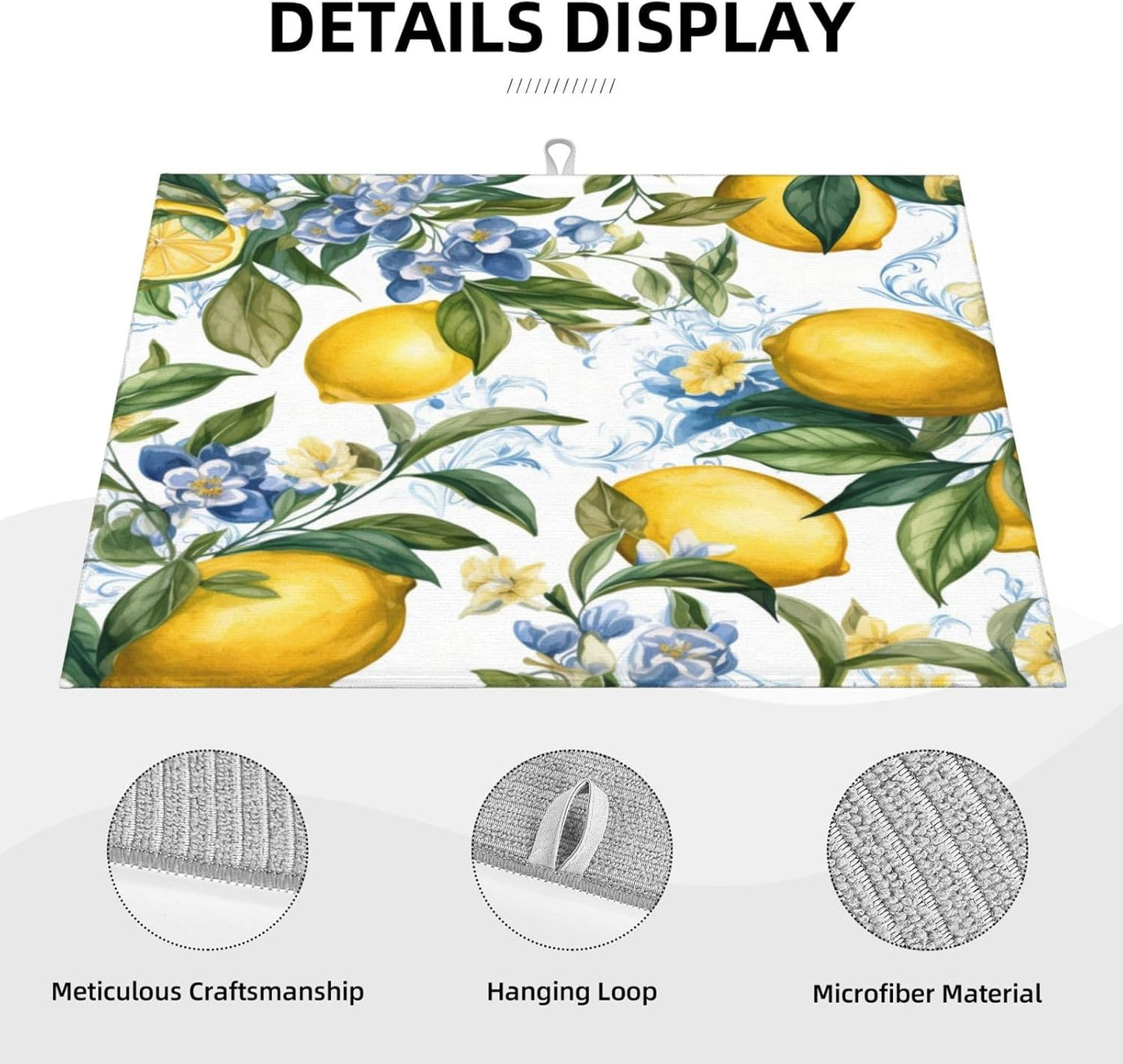 Lemon Dish Drying Mat for Kitchen Counter Protector and Decoration Super Absorbent Double Sided Microfiber Coffee Bar Mat Dish Drainer Mat Fast Dry Pad Reusable Extra Large 18"x24" inches