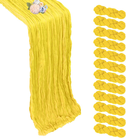 12 Pack Lemon Yellow Cheesecloth Table Runner 17 x 108 Inch | Boho Gauze Cheese Cloth Fabric Rustic Sheer for Holiday Baby Shower Party Birthday Home Wedding Decoration